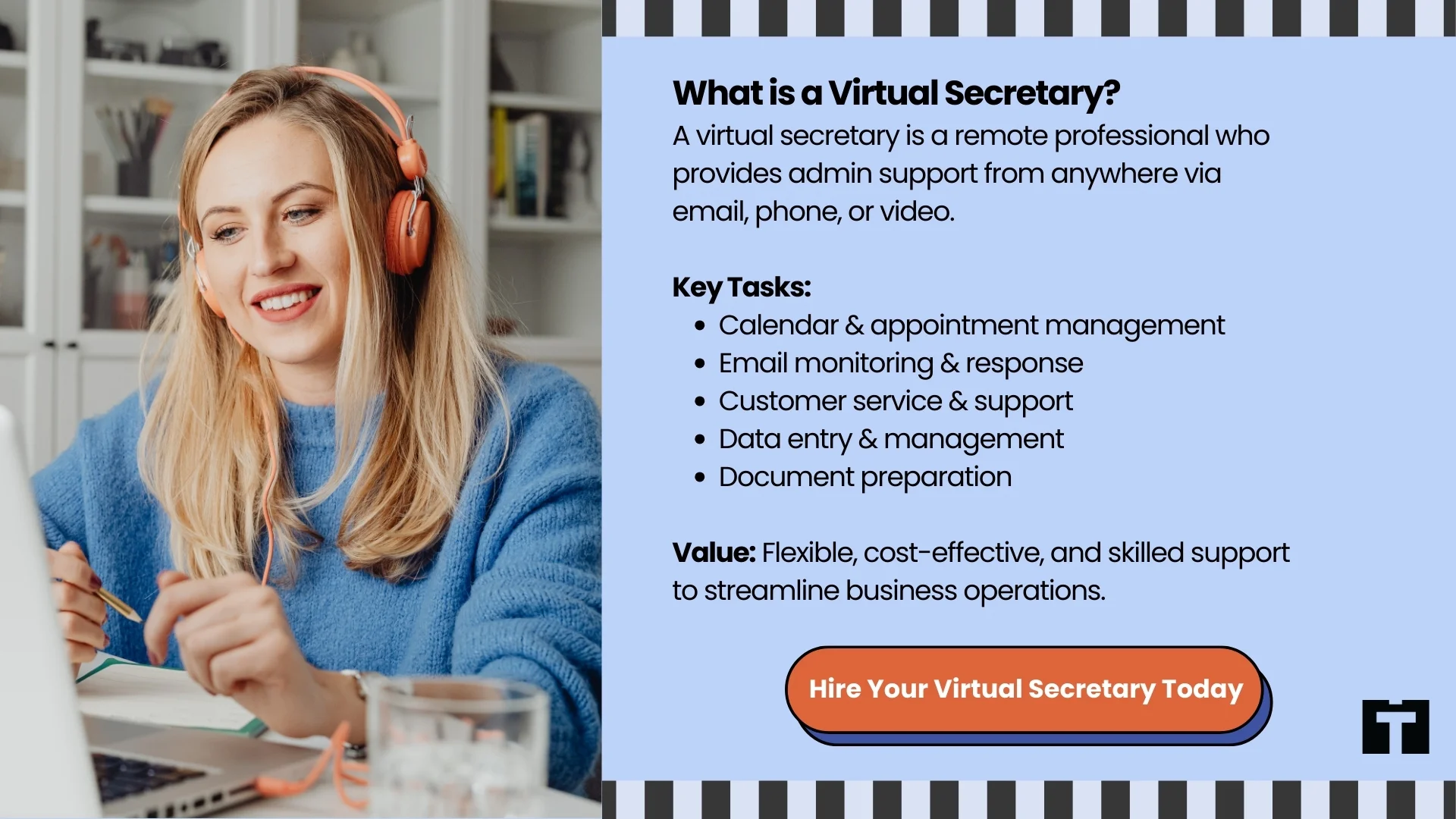 The image visually represents the concept of a virtual secretary, highlighting remote work, digital organization, and communication.